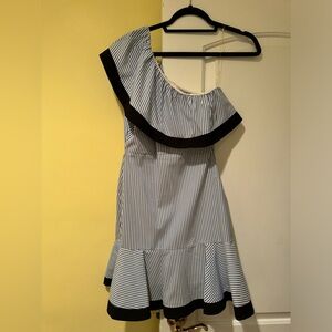 Lucy Paris Womens Dakota One Shoulder Striped Flare Casual Dress Blue